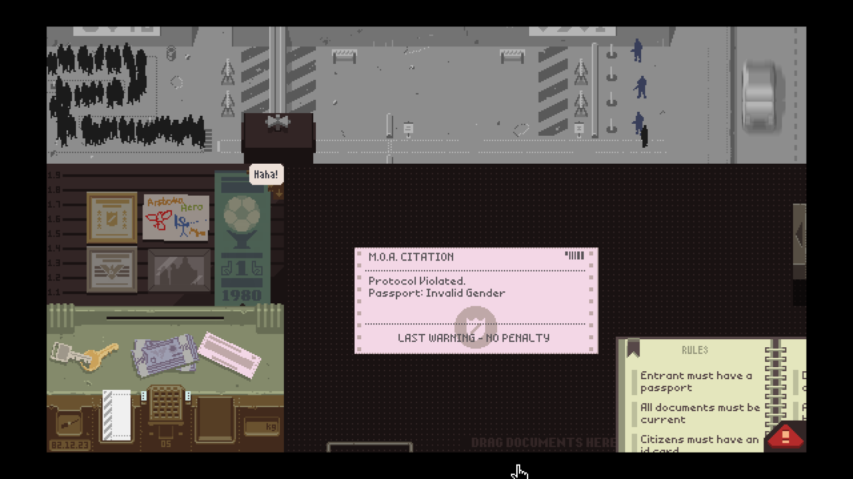 Screenshot of the 'Papers, Please' game in which the player is assigned a warning, as the previous passport was incorrect due to 'Invalid Gender'.